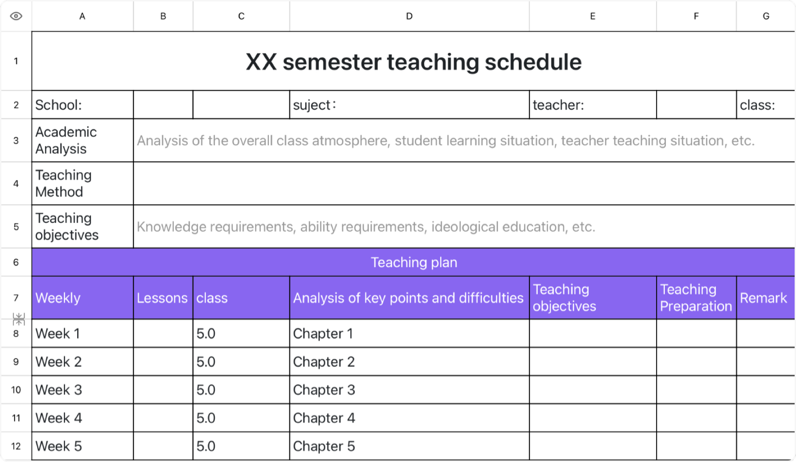 XX semester teaching schedule